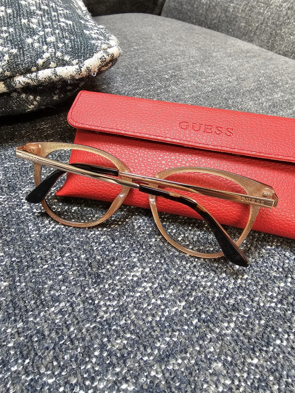 GUESS Women's Cat-Eye Glasses in Brown with Red Case